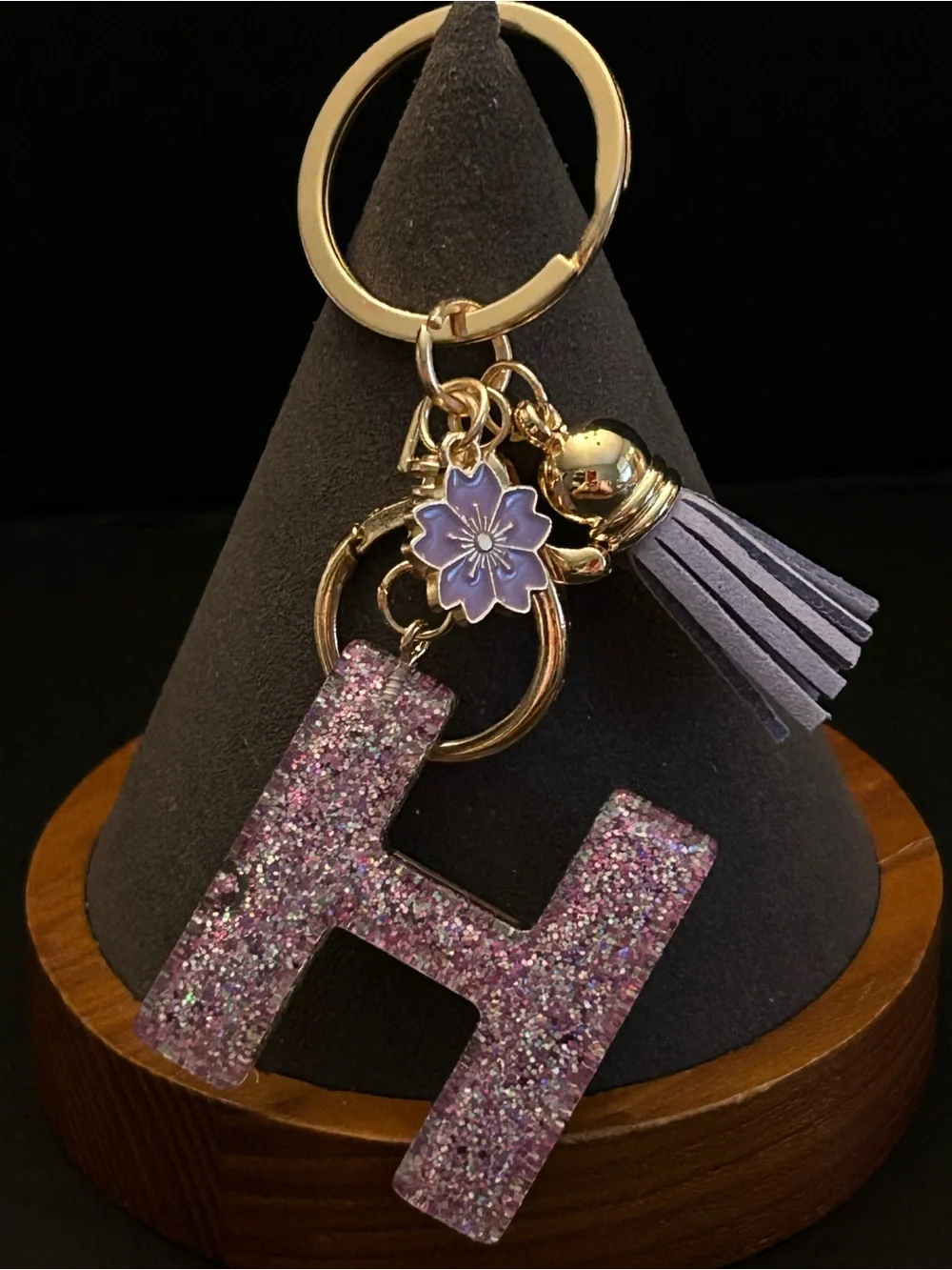 Gold-Tone Key & Card Holder w/Purple Glitter Choice of Initial Charm w/Tassel